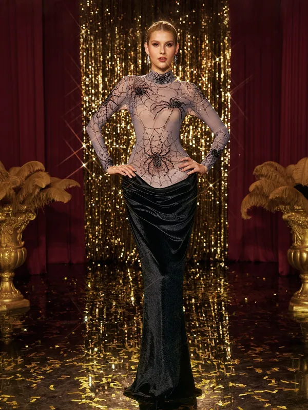 Kjartan High Neck Spider Velvet Maxi Dress sold by Mew Mews