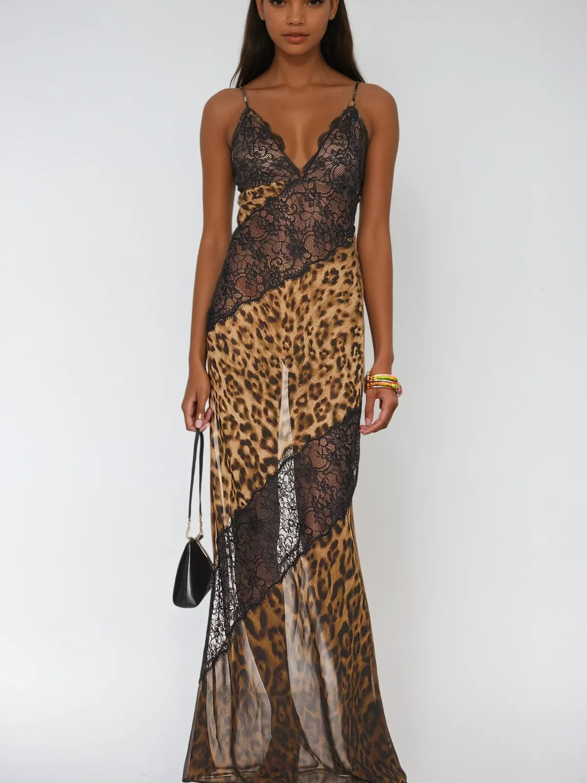 Raelira Spaghetti Lace Leopard Maxi Dress sold by Mew Mews