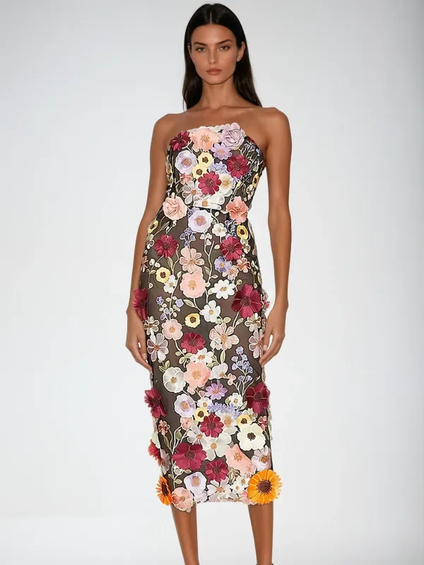 Latasha Strapless Flower Embroidered Maxi Dress sold by Mew Mews
