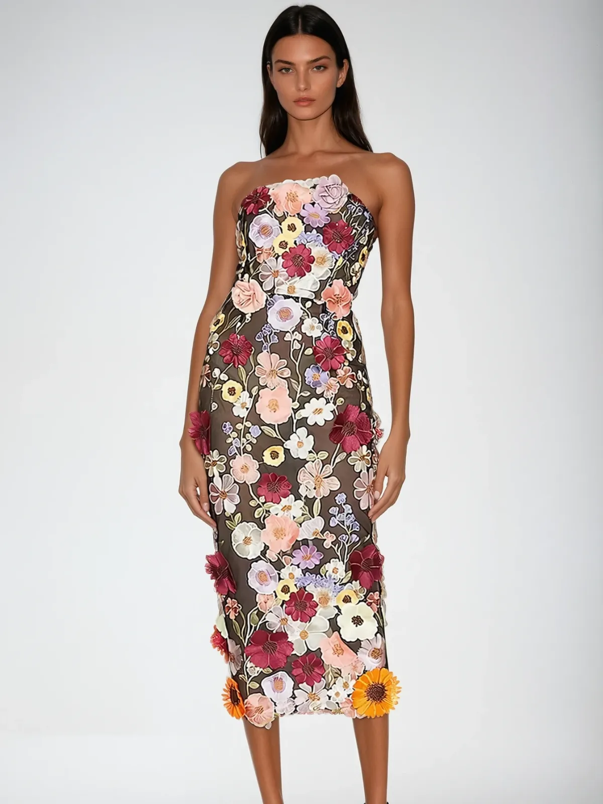 Latasha Strapless Flower Embroidered Maxi Dress sold by Mew Mews