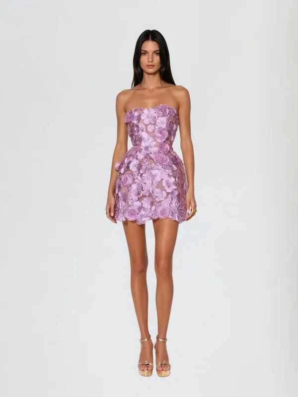 Danielle Strapless Flower Embroidered Mini Dress In Purple sold by Mew Mews