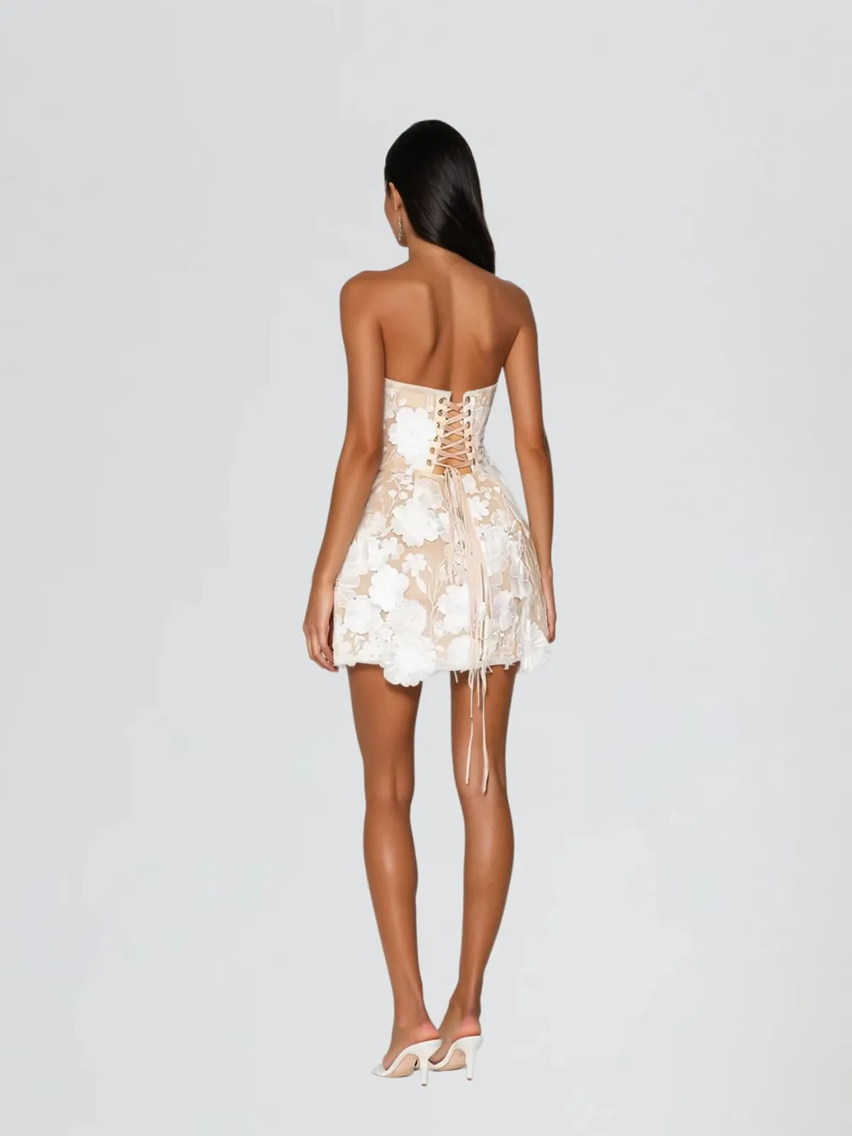 Danielle Strapless Flower Embroidered Mini Dress In White sold by Mew Mews product image thumbnail 3