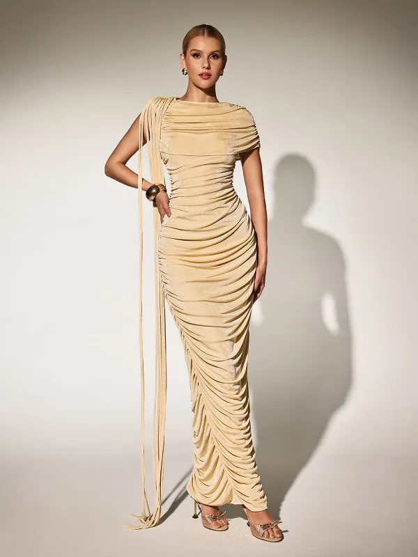 Katinka Draped Maxi Dress In Beige sold by Mew Mews