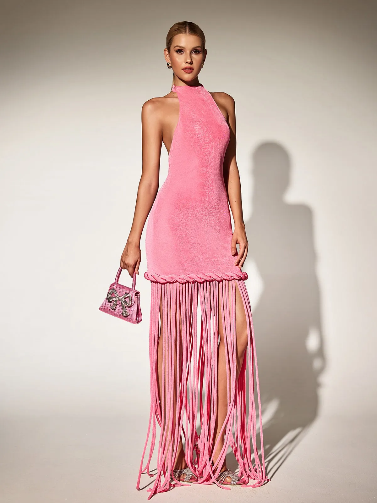 Litonya Halterneck Fringe Velvet Maxi Dress sold by Mew Mews product image thumbnail 5