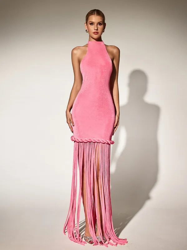 Litonya Halterneck Fringe Velvet Maxi Dress sold by Mew Mews