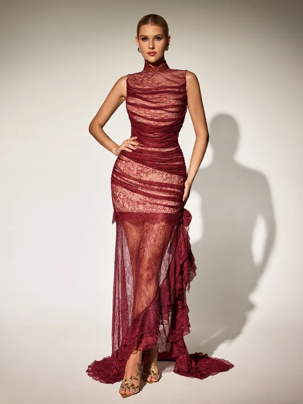 Kaldris High Neck Lace Ruffle Maxi Dress sold by Mew Mews