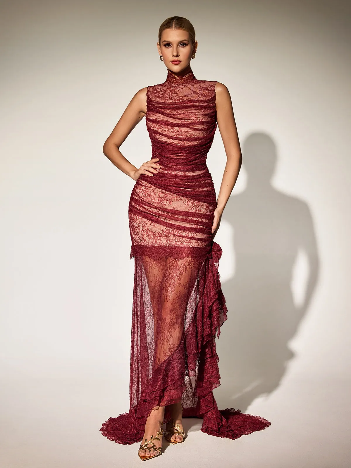 Kaldris High Neck Lace Ruffle Maxi Dress sold by Mew Mews