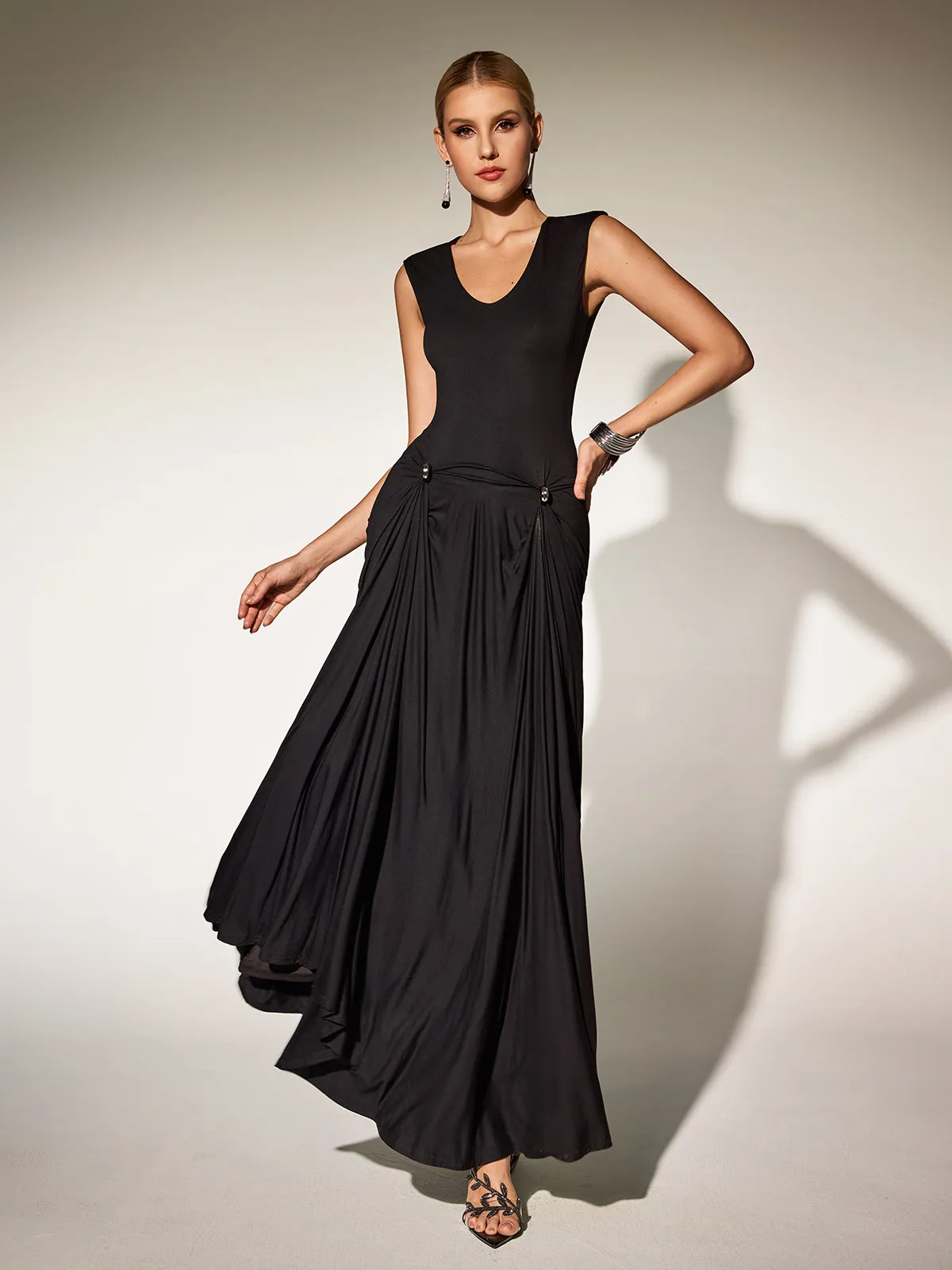 Paldor V Neck Ruched Maxi Dress In Black sold by Mew Mews