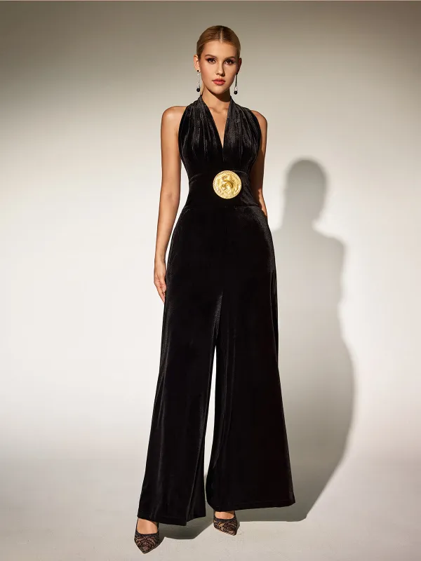 Brytni Halterneck Velvet Jumpsuit sold by Mew Mews