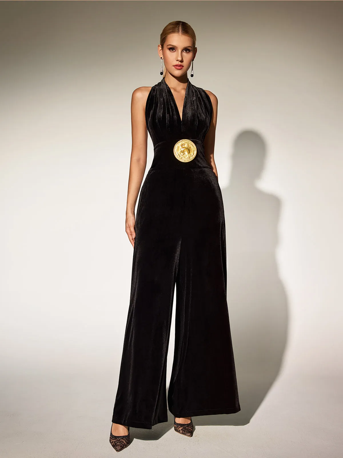 Brytni Halterneck Velvet Jumpsuit sold by Mew Mews