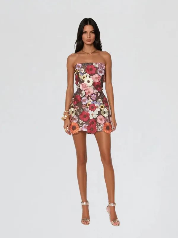 Danielle Strapless Flower Embroidered Mini Dress In Multi sold by Mew Mews