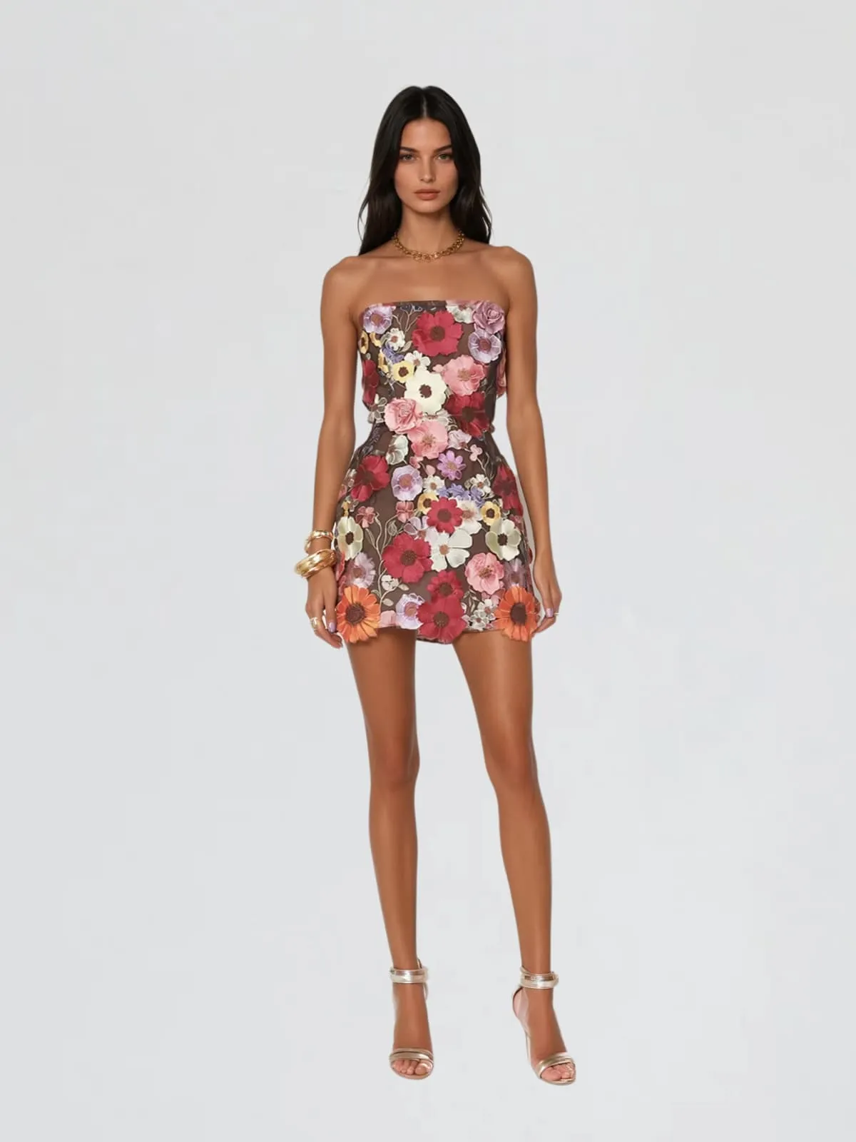 Danielle Strapless Flower Embroidered Mini Dress In Multi sold by Mew Mews