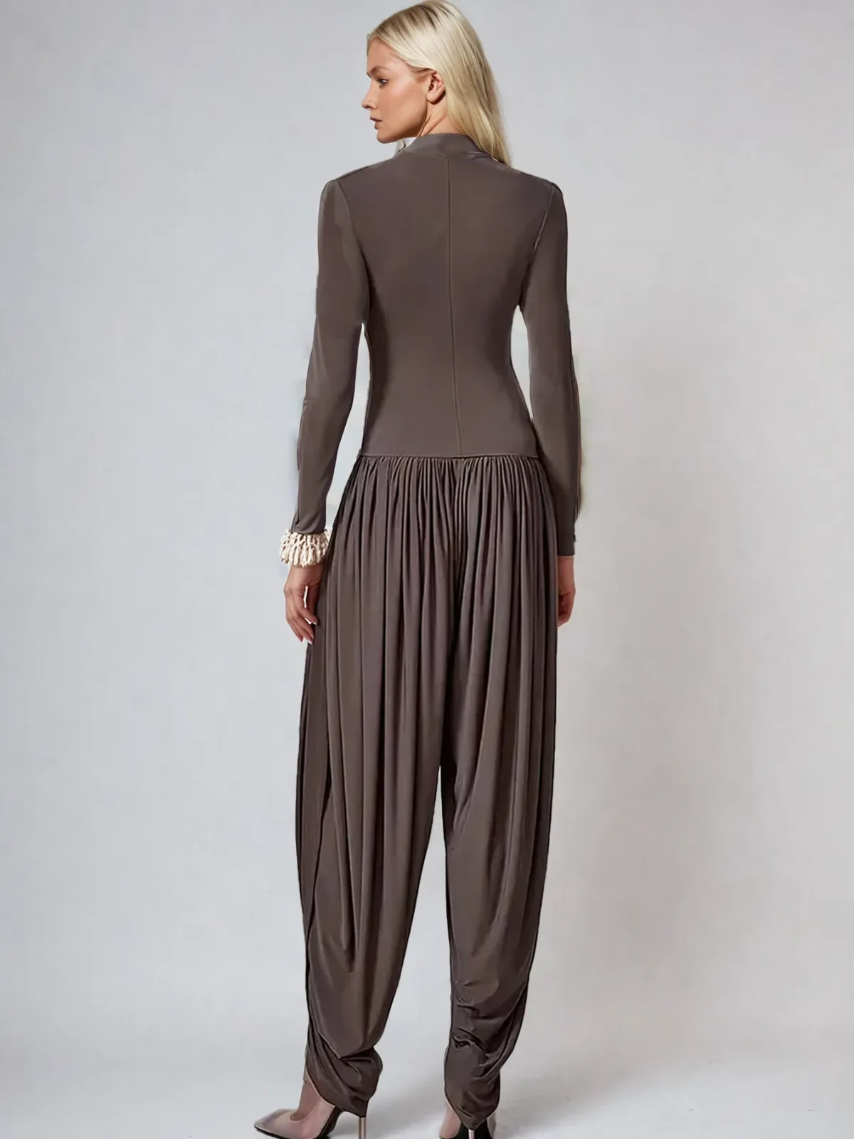 Laurien Long Sleeve Ruched Jumpsuit In Coffee sold by Mew Mews product image thumbnail 3