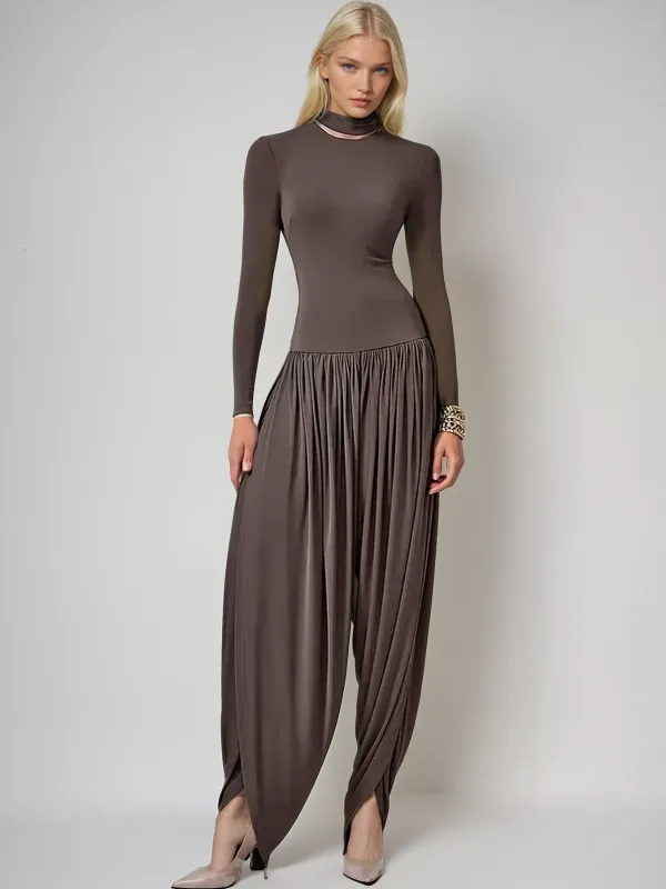 Laurien Long Sleeve Ruched Jumpsuit In Coffee sold by Mew Mews
