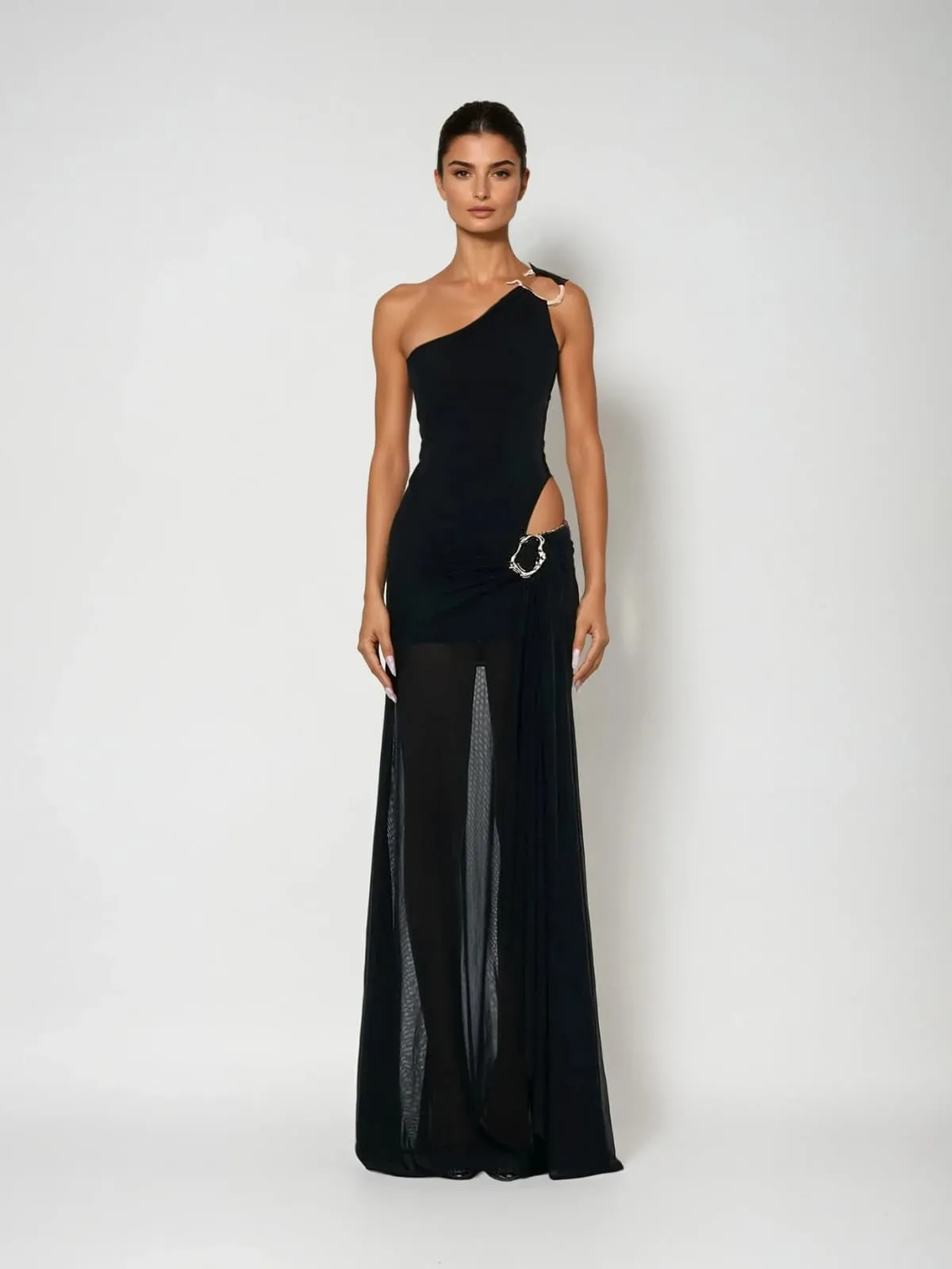 Ulyra One Shoulder Draped Cutout Maxi Dress sold by Mew Mews