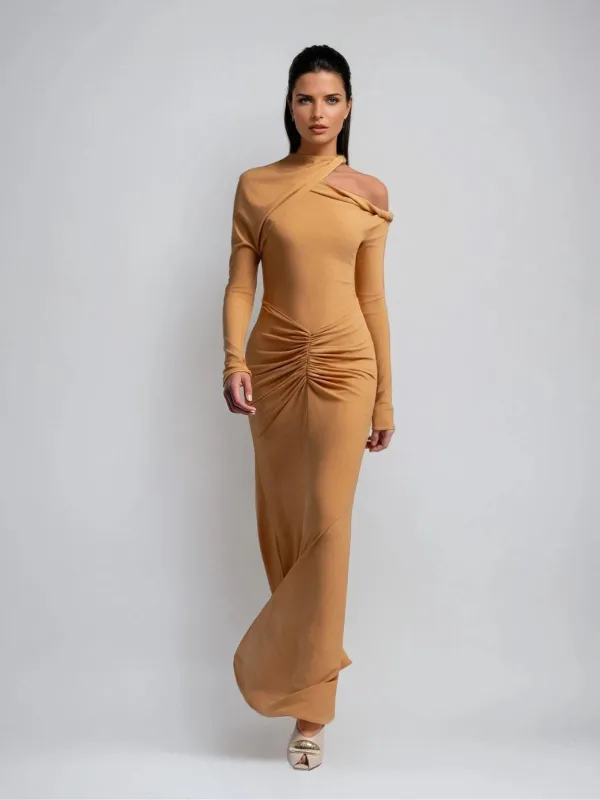 Aelius One Shoulder Ruched Maxi Dress In Orange sold by Mew Mews