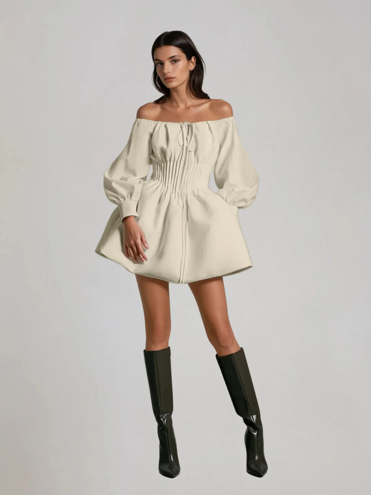Velthar Off Shoulder Ruched Mini Dress sold by Mew Mews
