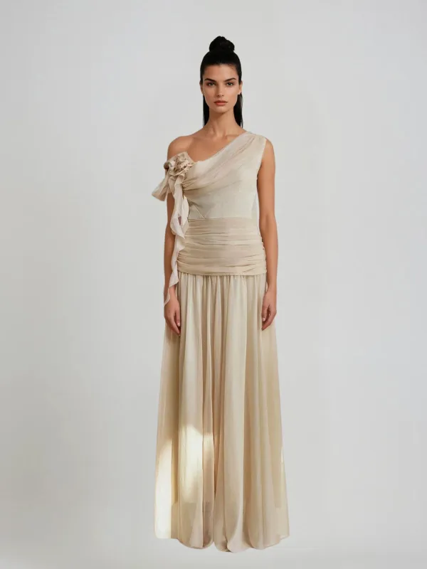 Velthrix One Shoulder Flower Ruched Maxi Dress sold by Mew Mews