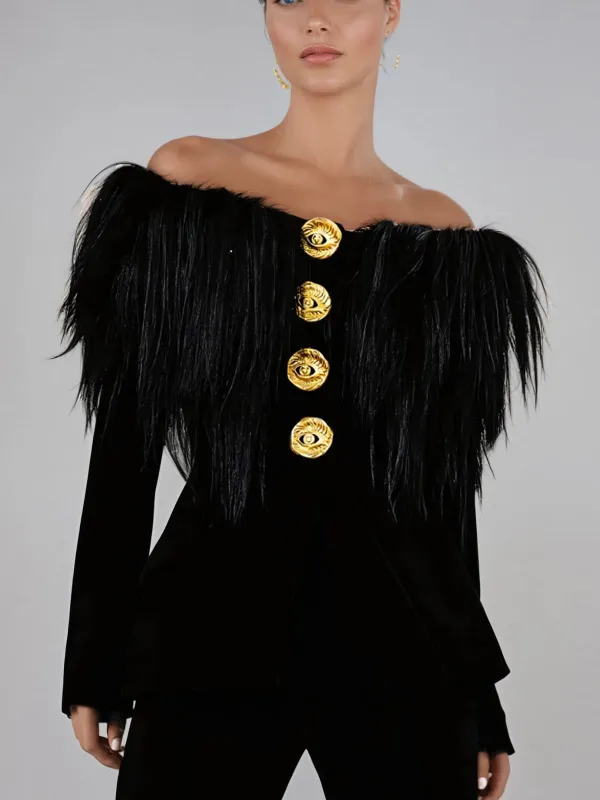 Vazzar Off Shoulder Fringe Blazer sold by Mew Mews