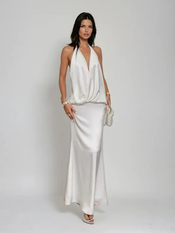 Vryxia Backless Satin Maxi Dress sold by Mew Mews