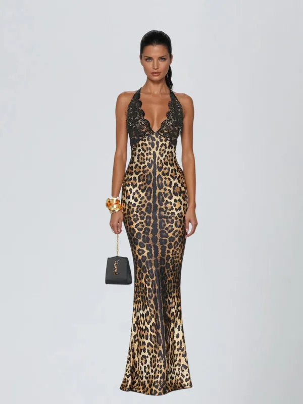 Vazvara Halterneck Lace Leopard Maxi Dress sold by Mew Mews
