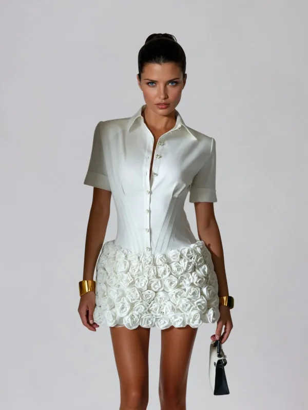 Uryndra Folded Collar Button Up Flower Mini Dress sold by Mew Mews