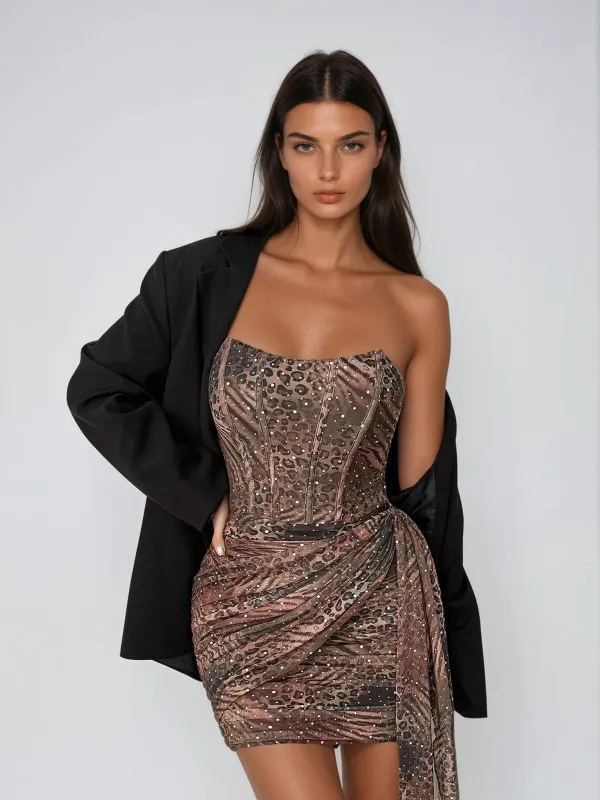 Velvara Strapless Leopard Sequin Mini Dress sold by Mew Mews