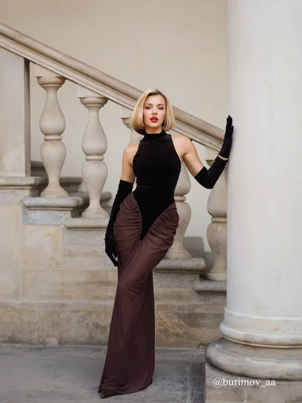 Lenore Halterneck Velvet Maxi Dress With Gloves sold by Mew Mews