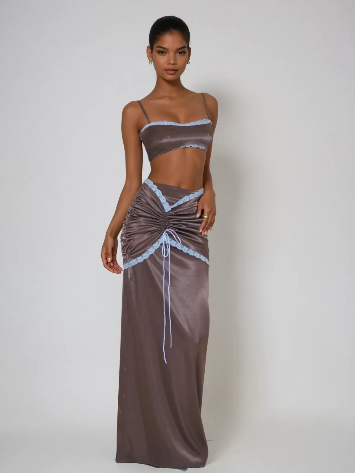 Wylen Spaghetti Ruched Lace Skirt Set sold by Mew Mews