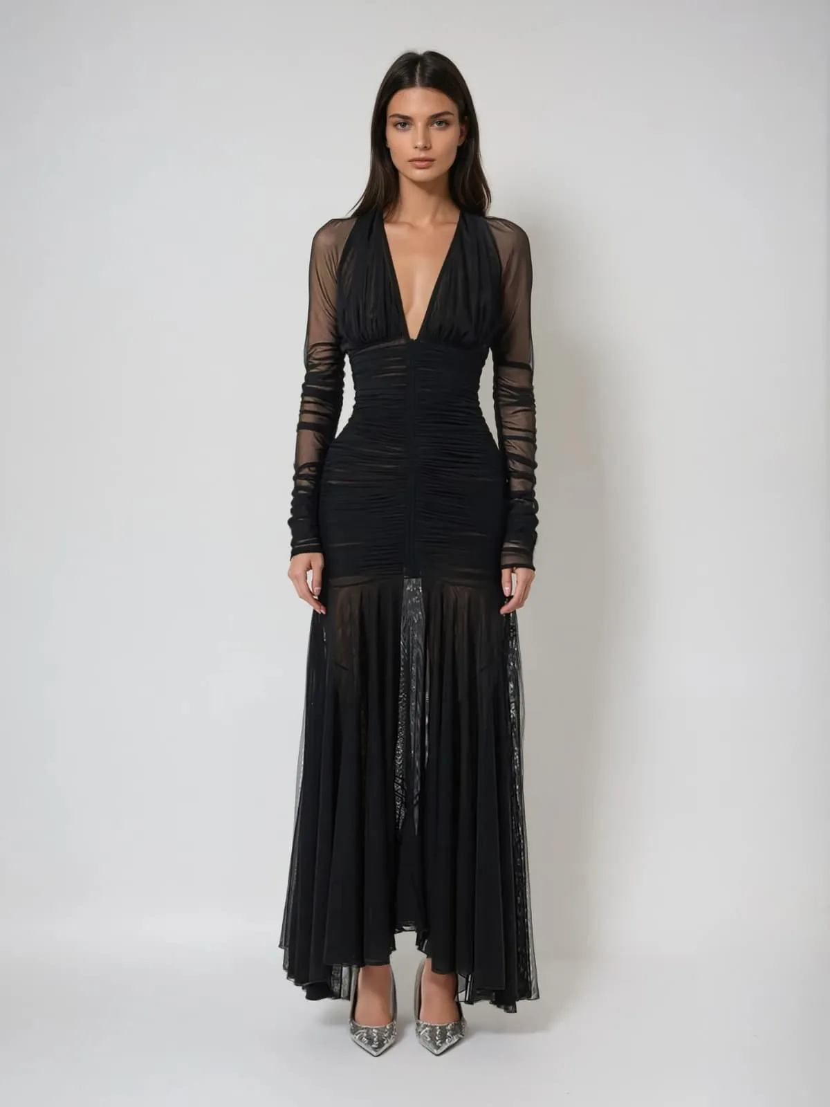 Wryne Plunge Neck Mesh Ruched Maxi Dress sold by Mew Mews product image thumbnail 2