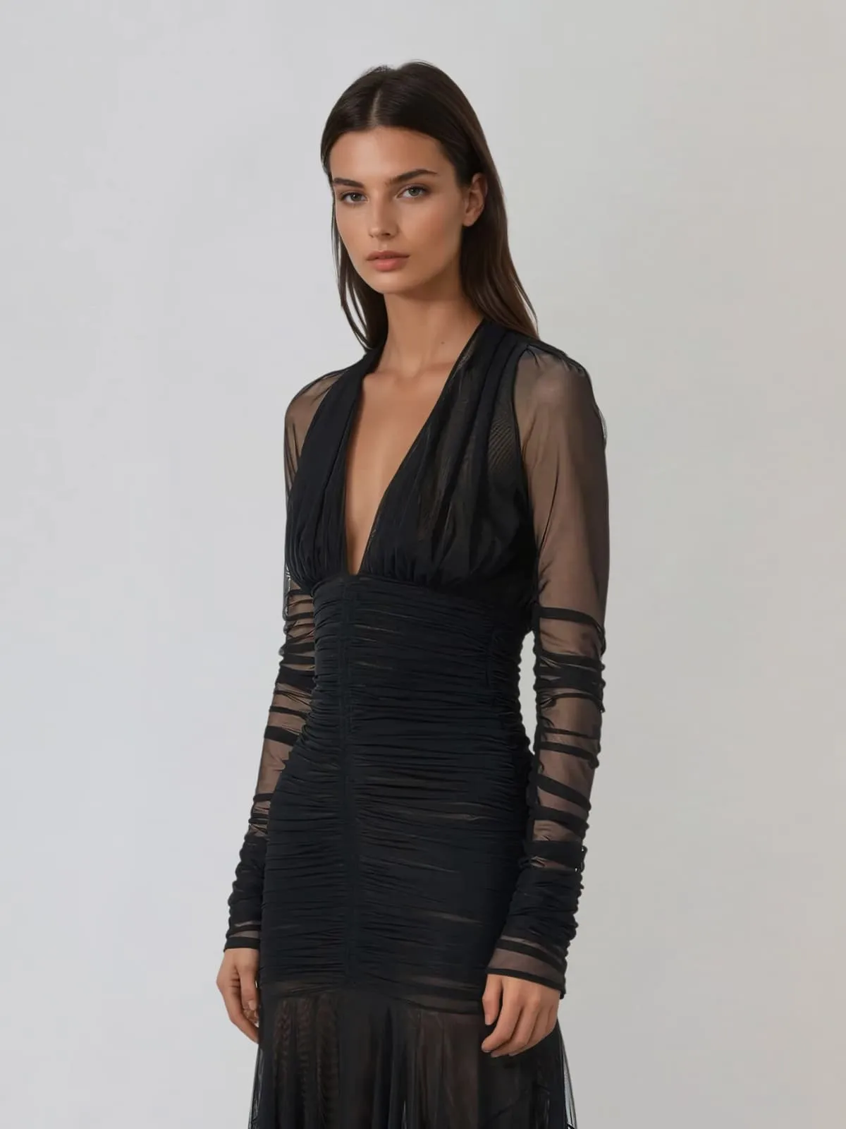 Wryne Plunge Neck Mesh Ruched Maxi Dress sold by Mew Mews product image thumbnail 3