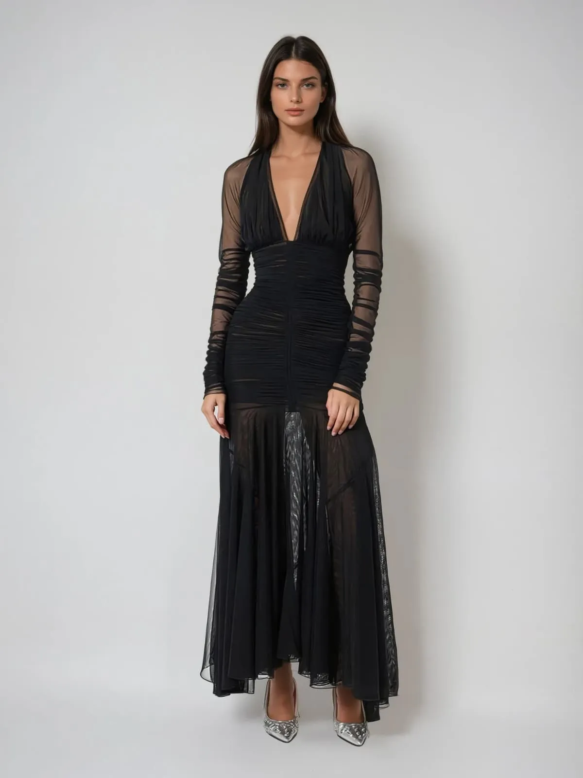Wryne Plunge Neck Mesh Ruched Maxi Dress sold by Mew Mews