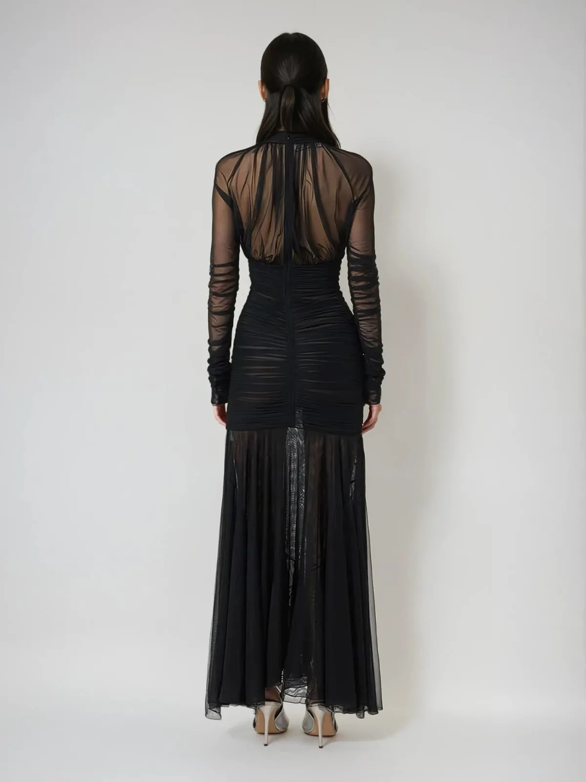 Wryne Plunge Neck Mesh Ruched Maxi Dress sold by Mew Mews product image thumbnail 4
