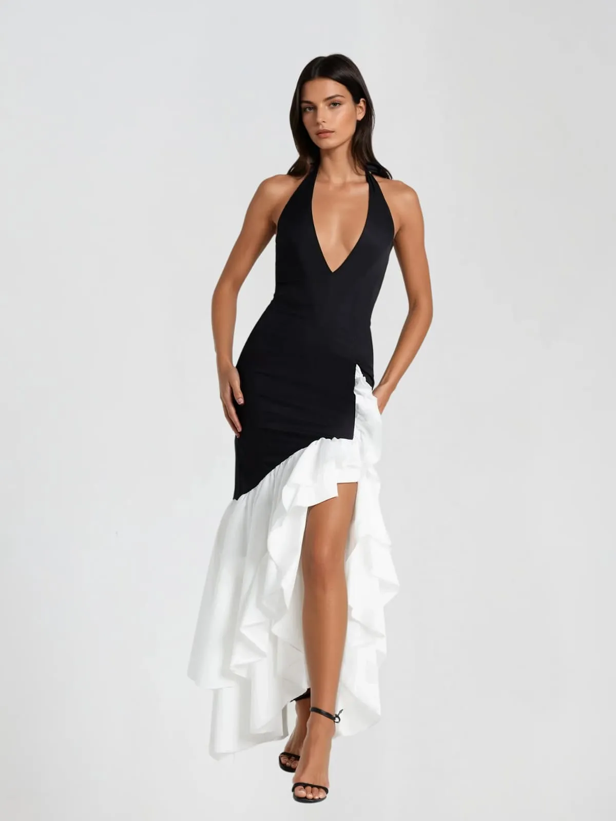 Woltex Plunge Neck Ruffle Maxi Dress sold by Mew Mews