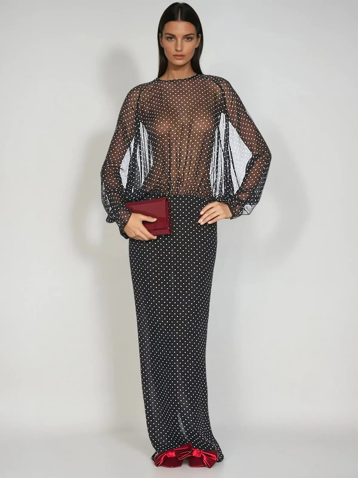 Wyvra Long Sleeve Dot Maxi Dress In Black sold by Mew Mews