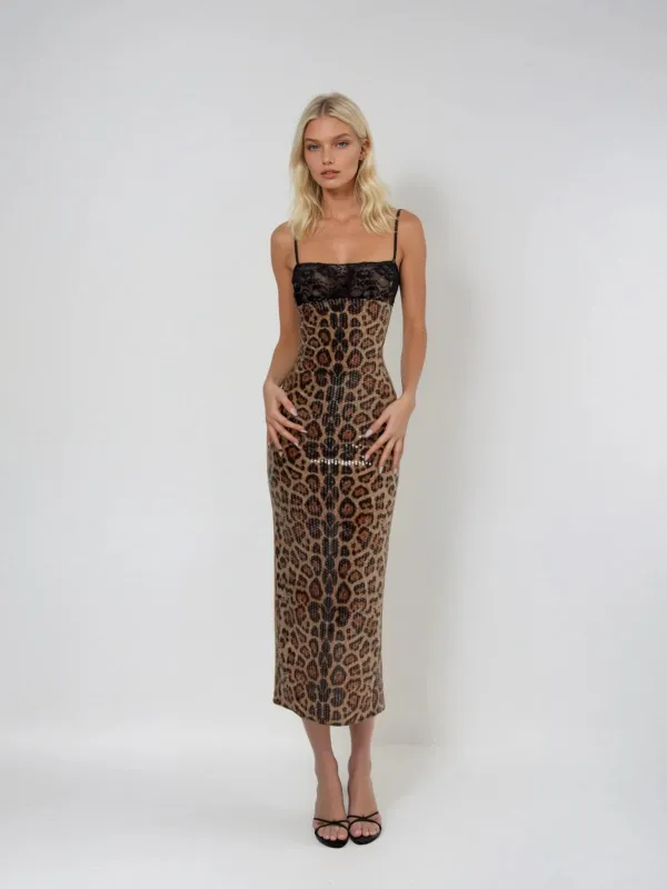 Aqualine Spaghetti Leopard Sequin Midi Dress sold by Mew Mews