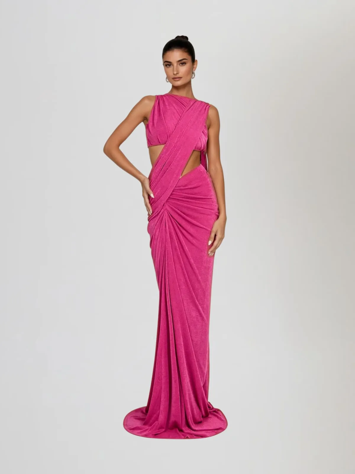 Breiana Sleeveless Ruched Maxi Dress In Hot Pink sold by Mew Mews