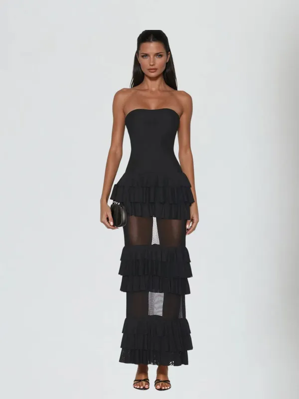 Equinox Strapless Mesh Tiered Maxi Dress sold by Mew Mews