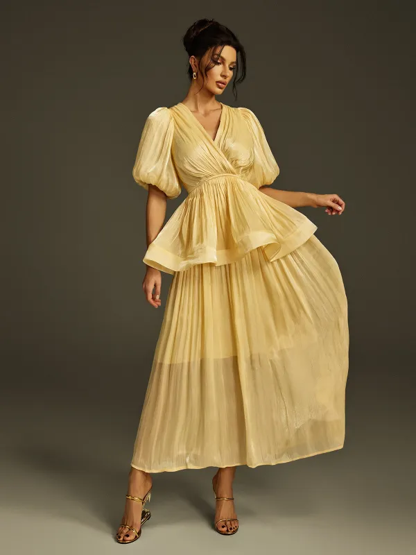 Kaseko Puff Sleeve Ruched Maxi Dress In Butter Yellow made by Mew Mews