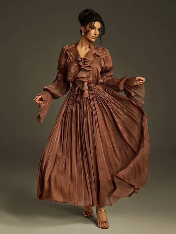 Nereus V Neck Ruffle Maxi Dress In Coffee made by Mew Mews