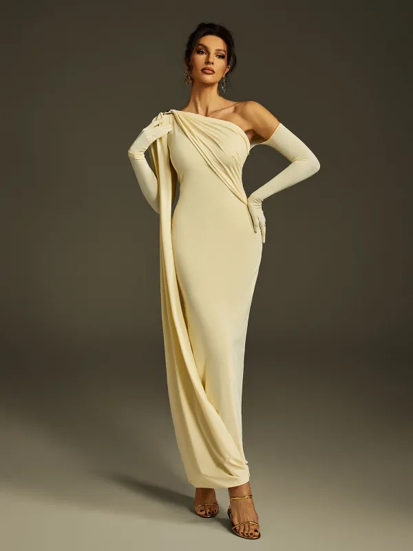 Jehiel One Shoulder Draped Maxi Dress In Butter Yellow sold by Mew Mews