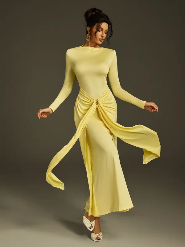 Zoltex Long Sleeve Draped Maxi Dress In Butter Yellow sold by Mew Mews