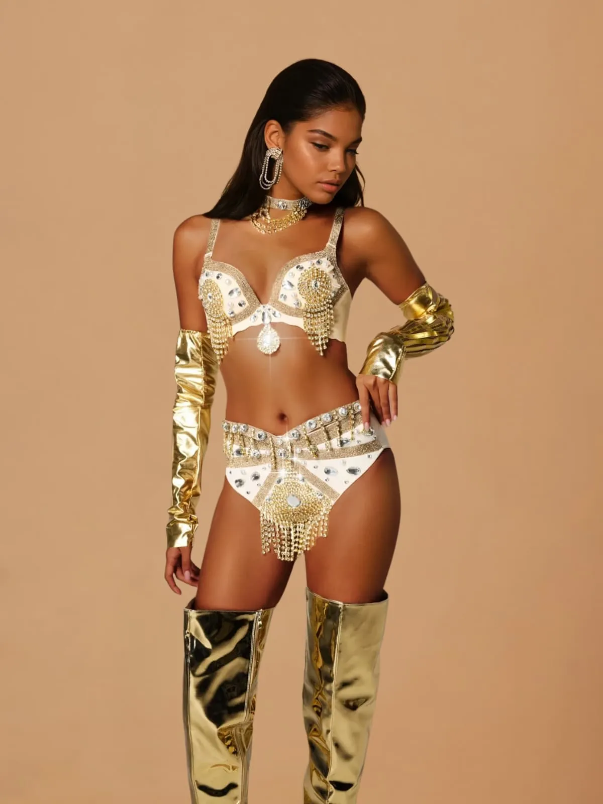 Wynith Rhinestone Bikini Three Piece Set In Gold sold by Mew Mews product image thumbnail 2