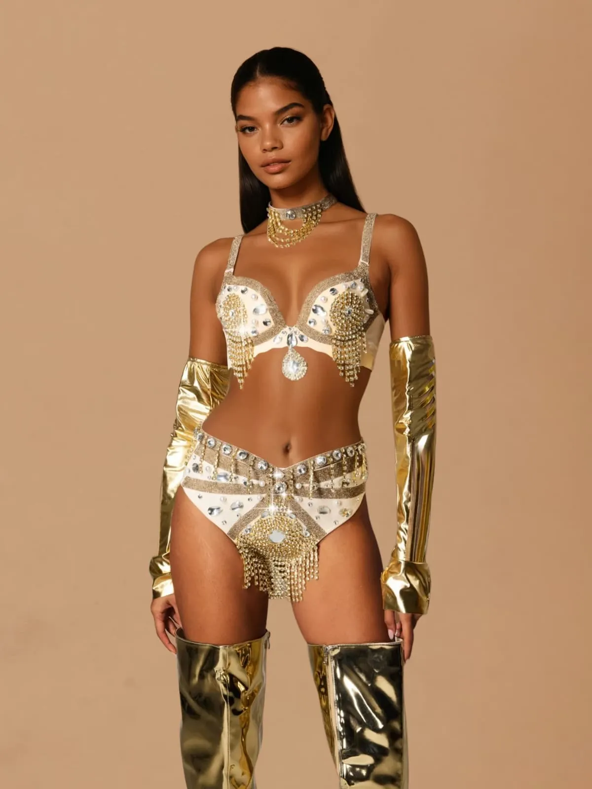 Wynith Rhinestone Bikini Three Piece Set In Gold sold by Mew Mews product image thumbnail 4