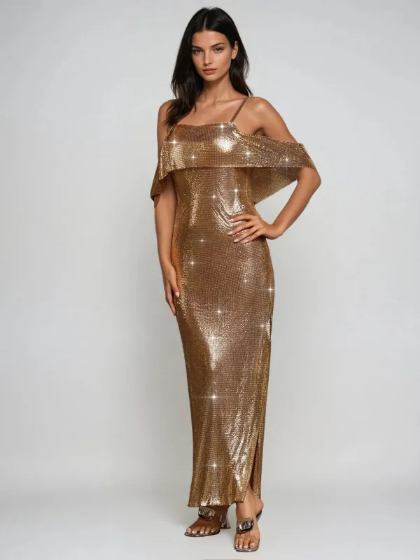 Zarxx Spaghetti Split Chainmail Maxi Dress sold by Mew Mews