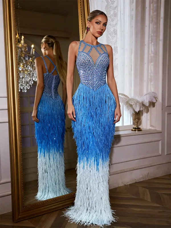 Saelyvira Fringe Rhinestone Maxi Dress In Blue sold by Mew Mews