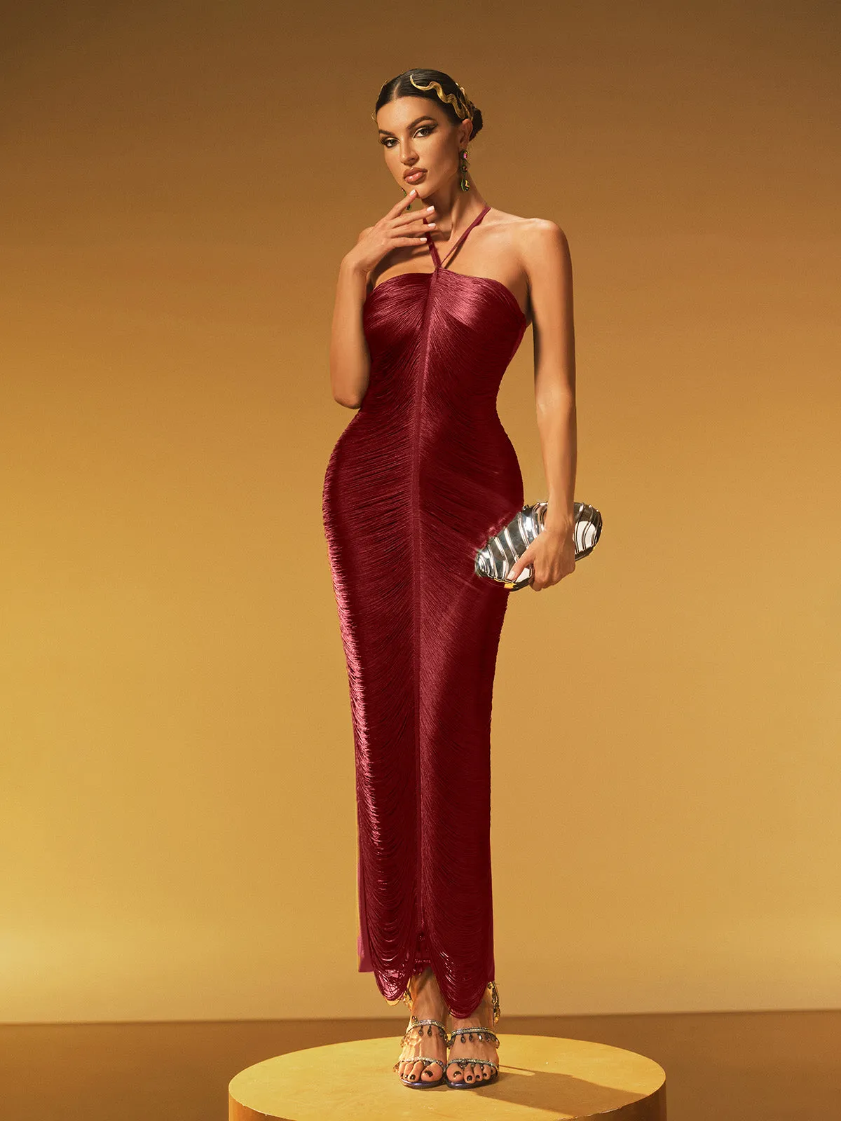 Bluma Halterneck Fringe Maxi Dress In Red sold by Mew Mews product image thumbnail 3