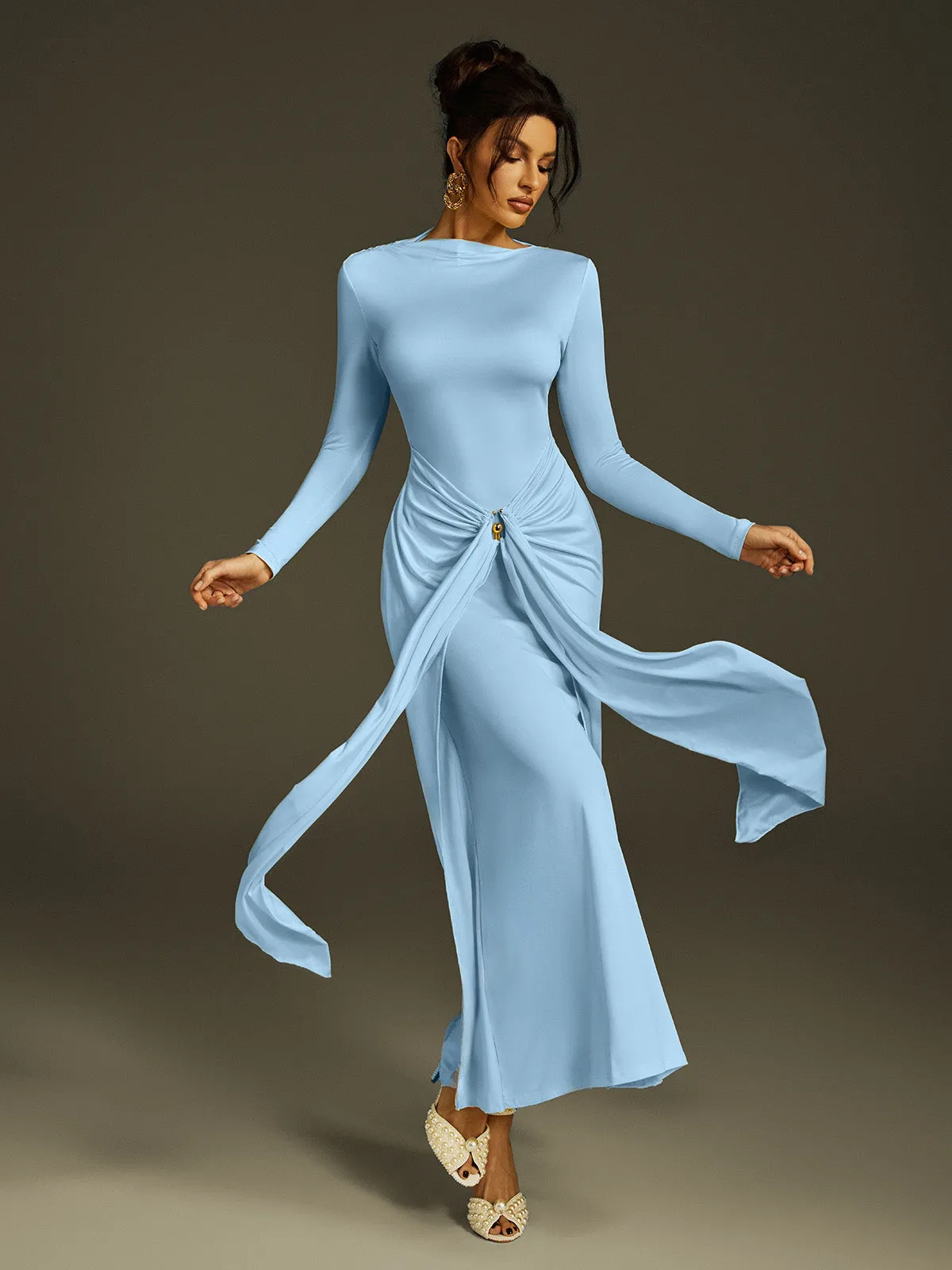 Zoltex Long Sleeve Draped Maxi Dress In Blue sold by Mew Mews