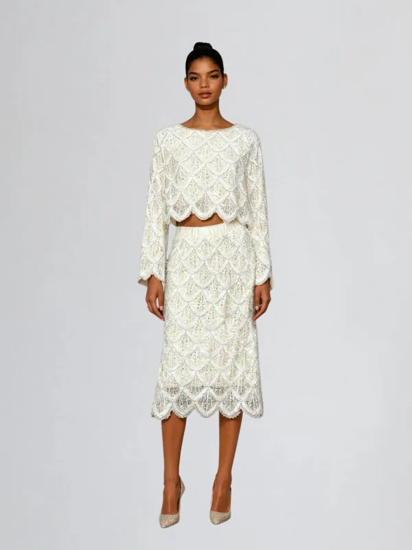 Caspin Long Sleeve Pearl Skirt Set sold by Mew Mews