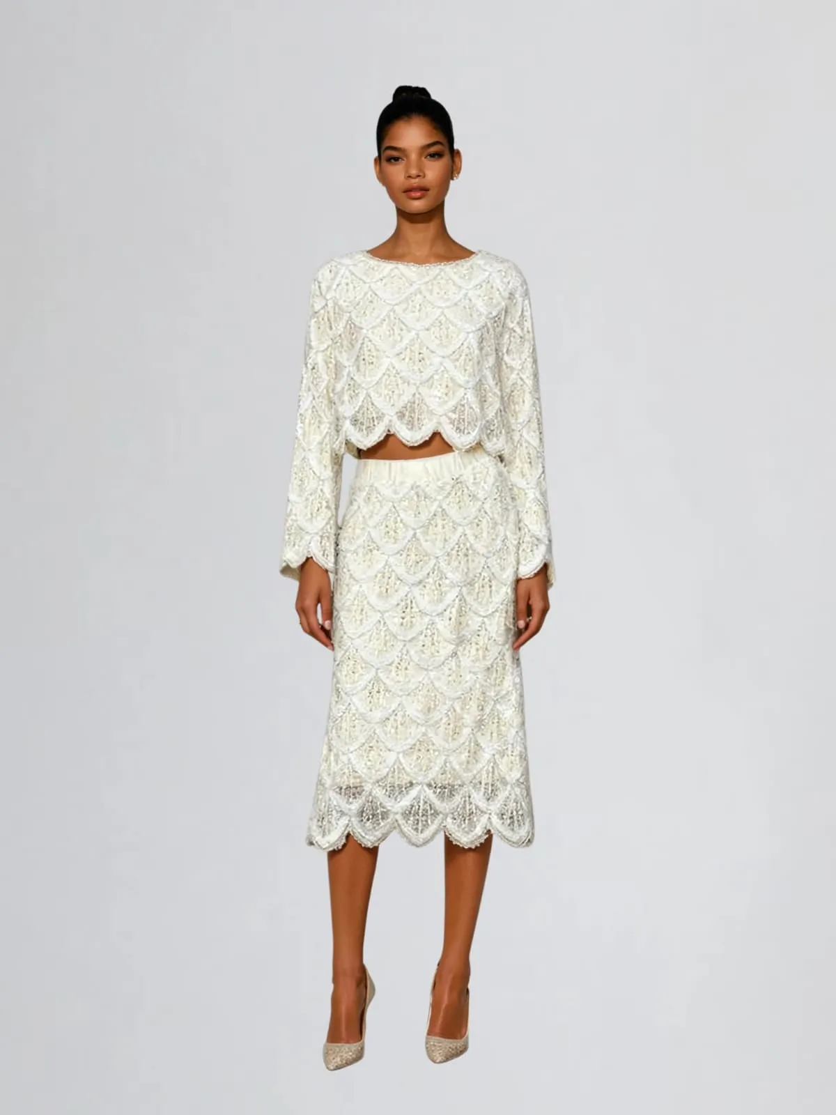 Caspin Long Sleeve Pearl Skirt Set sold by Mew Mews